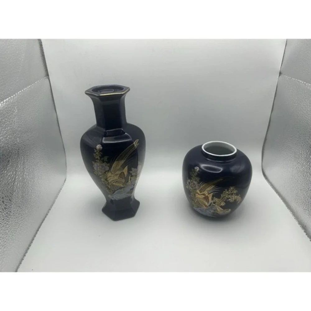 2-PC Asian Style Cobalt Blue‎ Cloisonné Golden Floral Flower Vases
